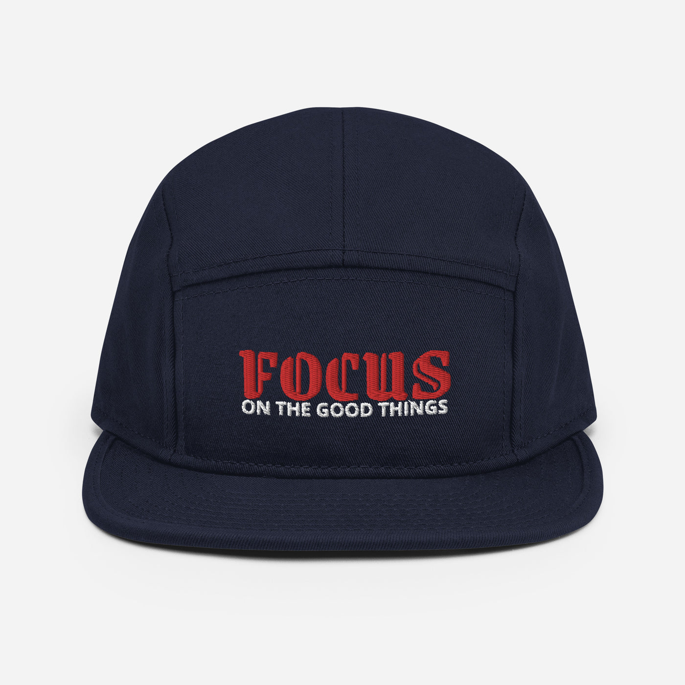 5 Panel Navy Blue Camper Cap - Focus On The Good Things