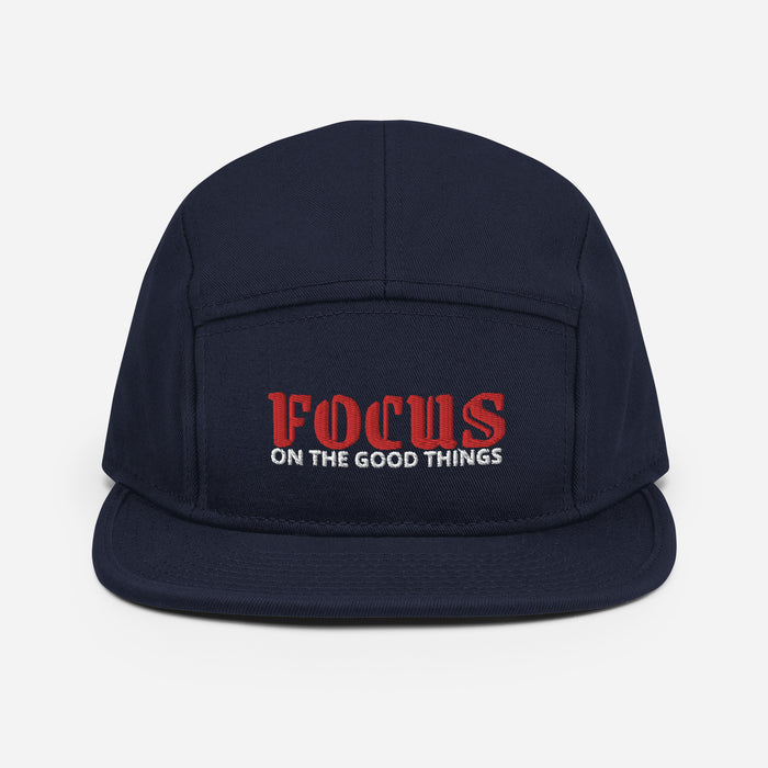 5 Panel Navy Blue Camper Cap - Focus On The Good Things