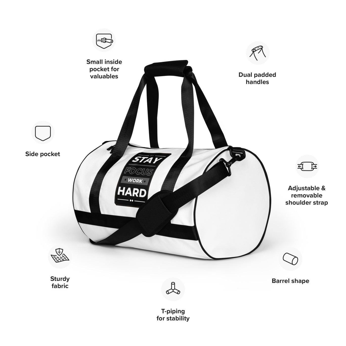 White Gym Bag - Stay Focus Work Hard