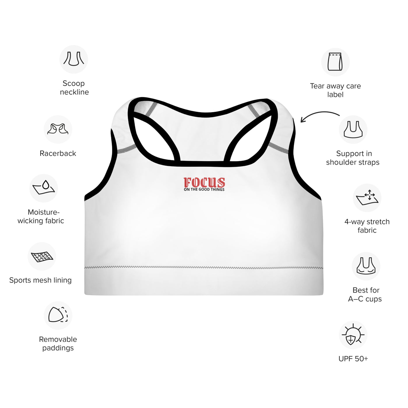 Padded Black Sports Bra - Focus on the Good Things