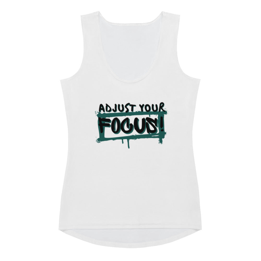 Women's White Sublimation Cut Sew Tank Top - Adjust Your Focus