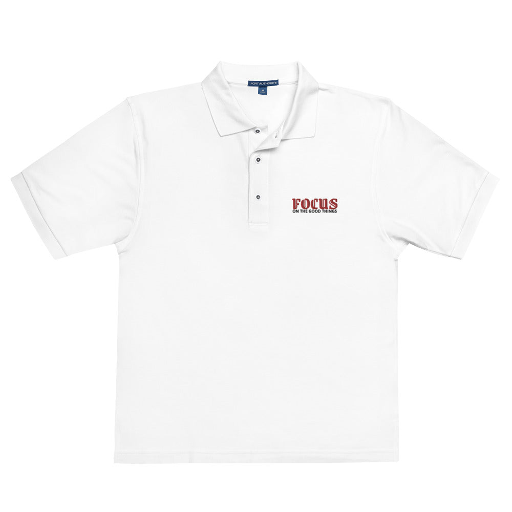 Men's Premium Embroidered White Polo Shirt - Focus on the Good Things