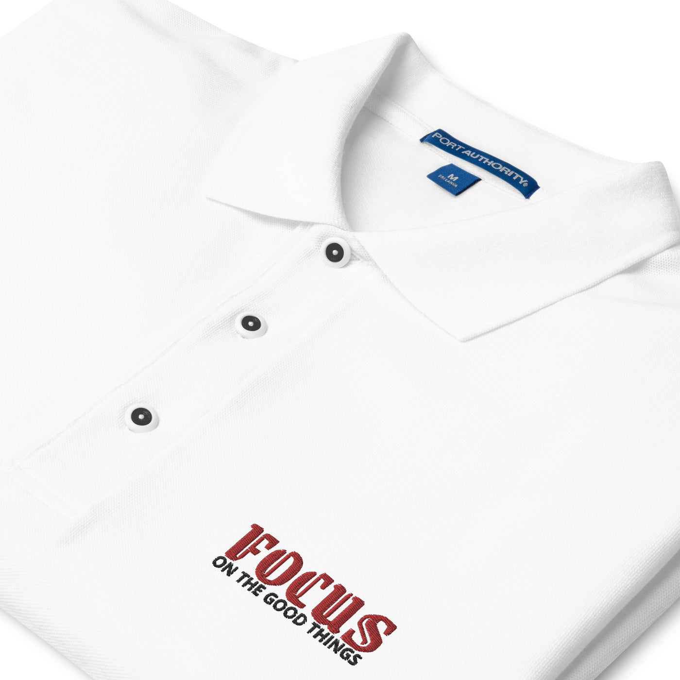 Men's Premium Embroidered White Polo Shirt - Focus on the Good Things