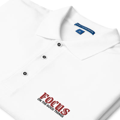 Men's Premium Embroidered White Polo Shirt - Focus on the Good Things