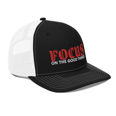 Snapback Black and White Trucker Cap - Focus On The Good Things