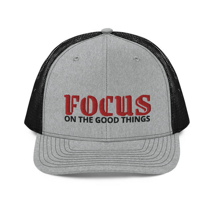 Snapback Heather Gray and Black Trucker Cap - Focus On The Good Thing