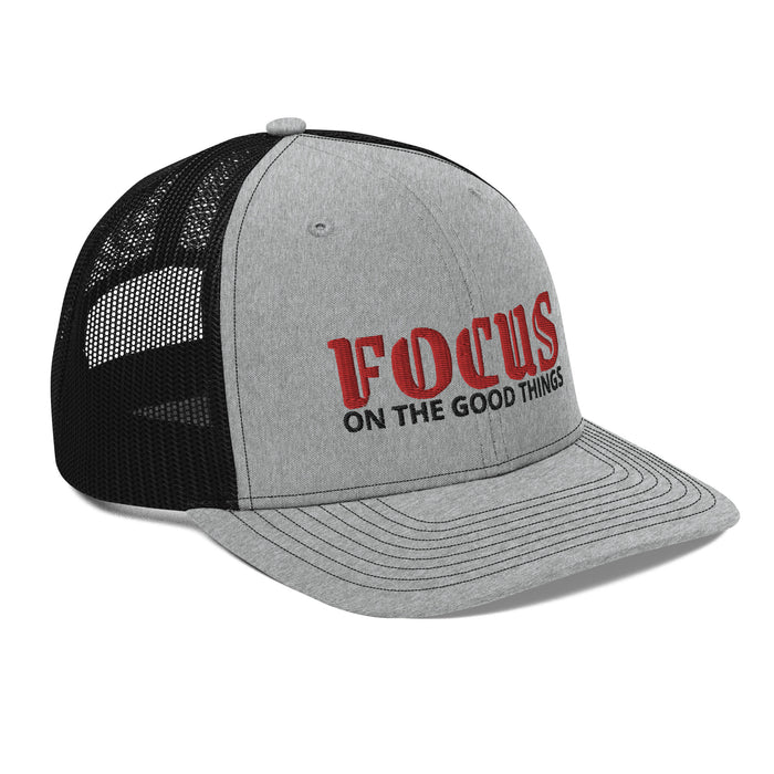Snapback Heather Gray and Black Trucker Cap - Focus On The Good Thing