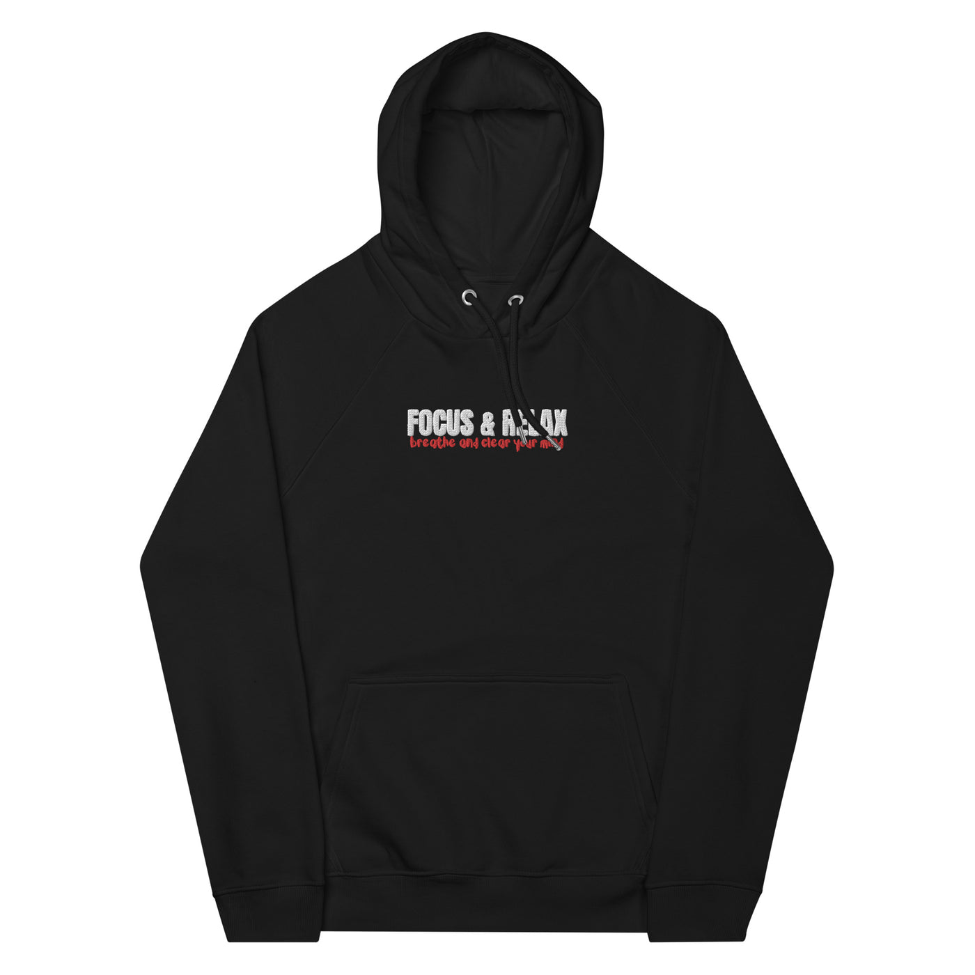 Women's Eco Raglan Embroidered Black Hoodie - Focus and Relax