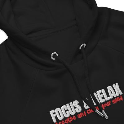 Women's Eco Raglan Embroidered Black Hoodie - Focus and Relax