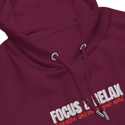Men's Eco Raglan Embroidered Burgundy Hoodie - Focus and Relax