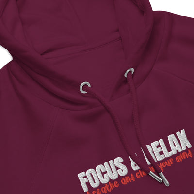 Women's Eco Raglan Embroidered Burgundy Hoodie - Focus and Relax